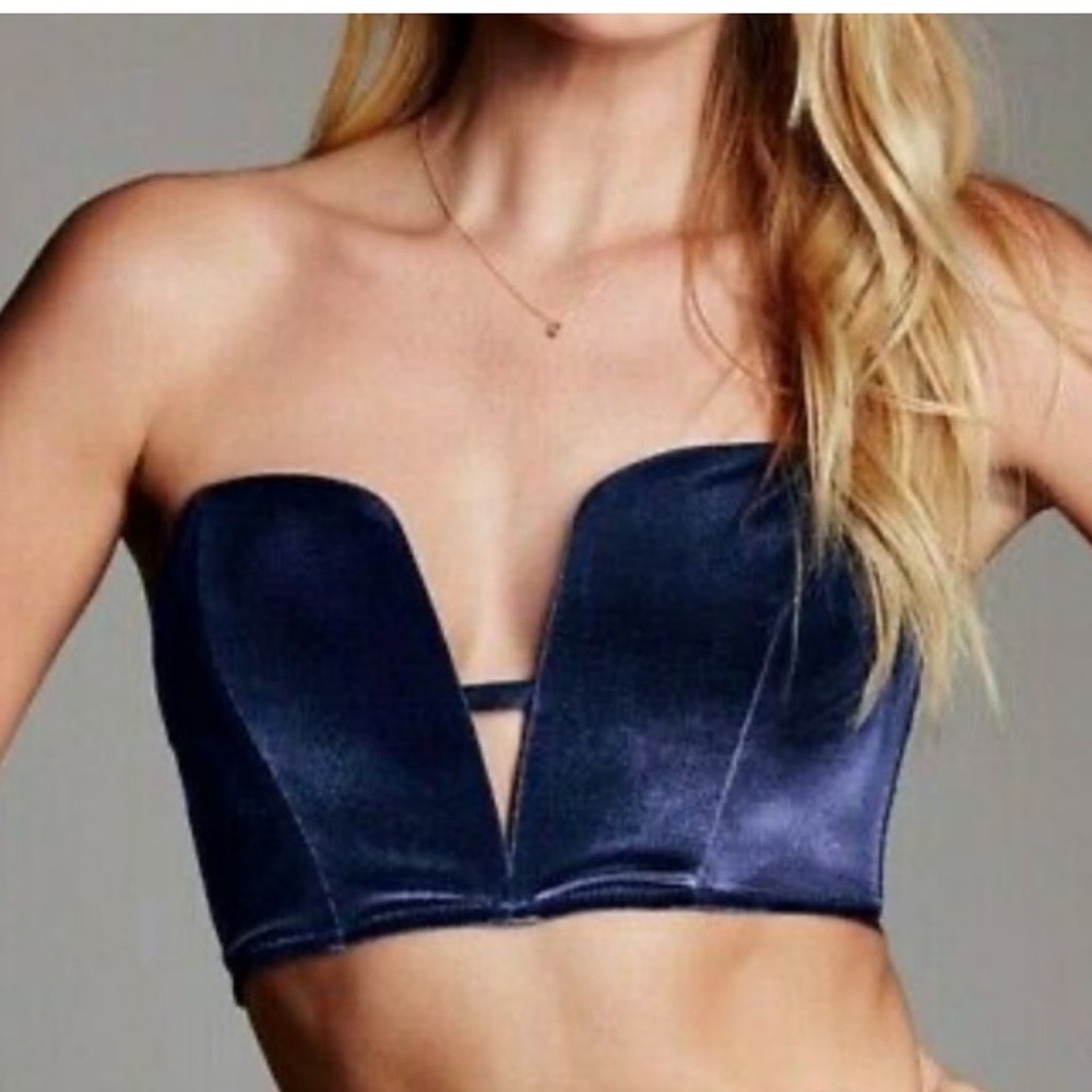 Victoria's Secret Bustier Bandeau Dark Blue Velvet Lace M‎ Coquette Deep V Neck